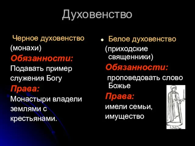 Духовенство Черное духовенство (монахи) Обязанности: Подавать пример служения Богу Права: Монастыри владели