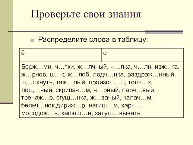 Проверьте свои знания Распределите слова в таблицу: