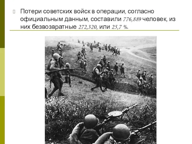 Потери советских войск в операции, согласно официальным данным, составили 776,889 человек, из