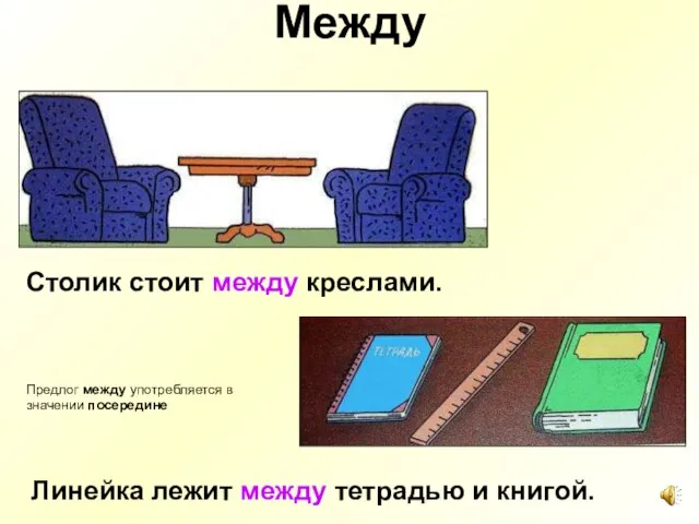 Между Столик стоит между креслами. Линейка лежит между тетрадью и книгой. Предлог