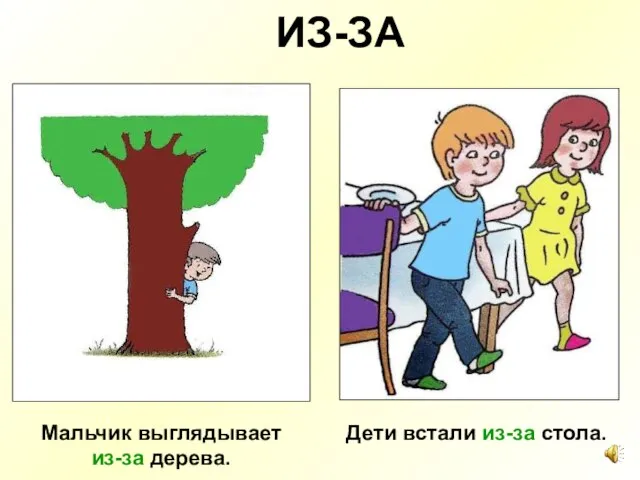 ИЗ-ЗА Мальчик выглядывает из-за дерева. Дети встали из-за стола.