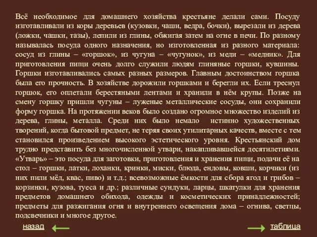 назад таблица Всё необходимое для домашнего хозяйства крестьяне делали сами. Посуду изготавливали