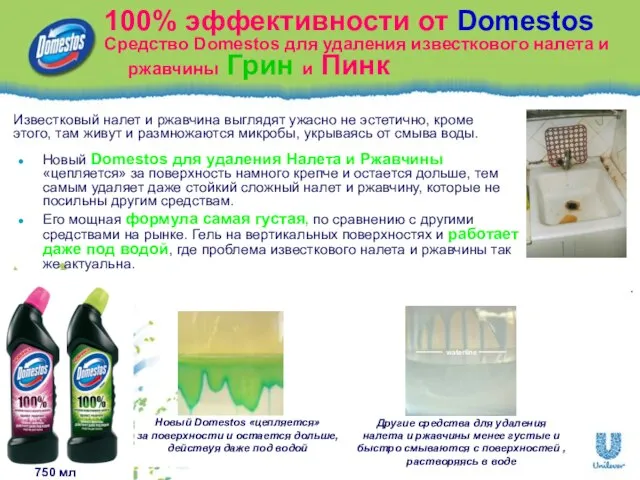 100% эффективности от Domestos Средство Domestos для удаления известкового налета и ржавчины