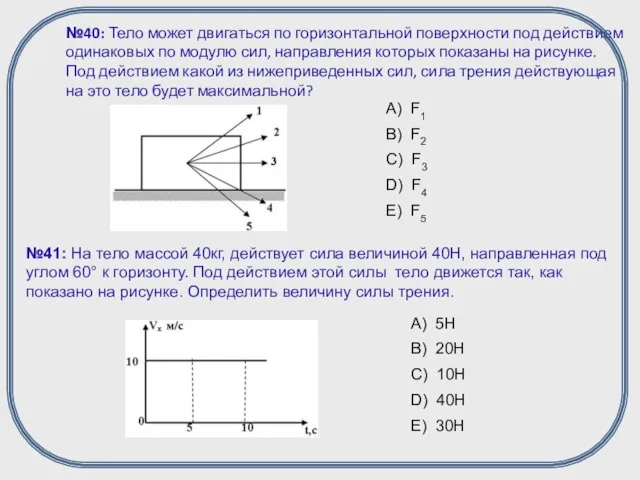 №40: Тело может двигаться по горизонтальной поверхности под действием одинаковых по модулю