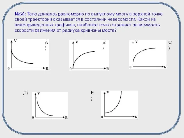 №56: Тело двигаясь равномерно по выпуклому мосту в верхней точке своей траектории