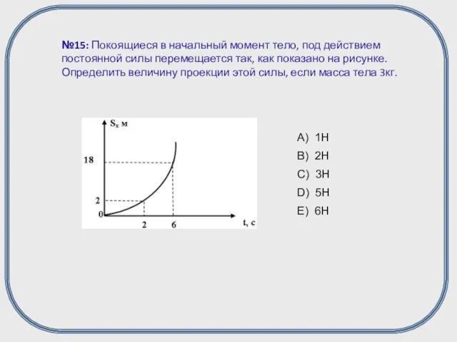 №15: Покоящиеся в начальный момент тело, под действием постоянной силы перемещается так,