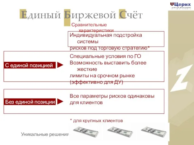 Единый Биржевой Счёт Сравнительные характеристики Уникальные решения * для крупных клиентов