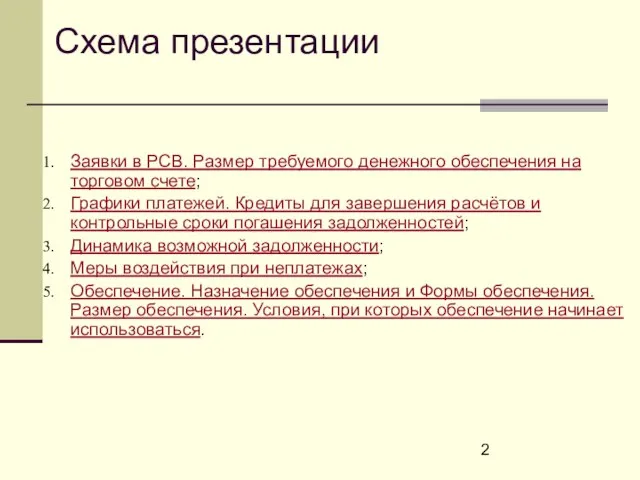 Схема презентации Заявки в РСВ. Размер требуемого денежного обеспечения на торговом счете;