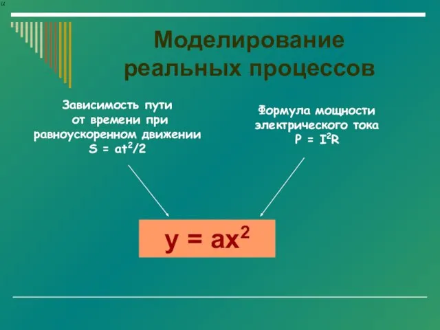 Моделирование реальных процессов у = ах2 Зависимость пути от времени при равноускоренном