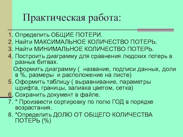 Практическая работа: 1. Определить ОБЩИЕ ПОТЕРИ. 2. Найти МАКСИМАЛЬНОЕ КОЛИЧЕСТВО ПОТЕРЬ. 3.