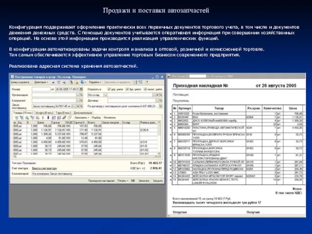Продажи и поставки автозапчастей Конфигурация поддерживает оформление практически всех первичных документов торгового