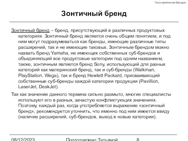 08/12/2023 Подготовлено Татьяной Зябкиной Зонтичный бренд Зонтичный бренд – бренд, присутствующий в