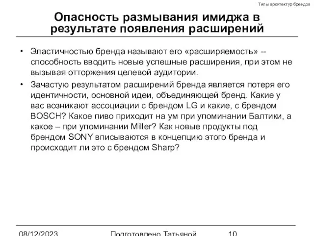 08/12/2023 Подготовлено Татьяной Зябкиной Опасность размывания имиджа в результате появления расширений Эластичностью