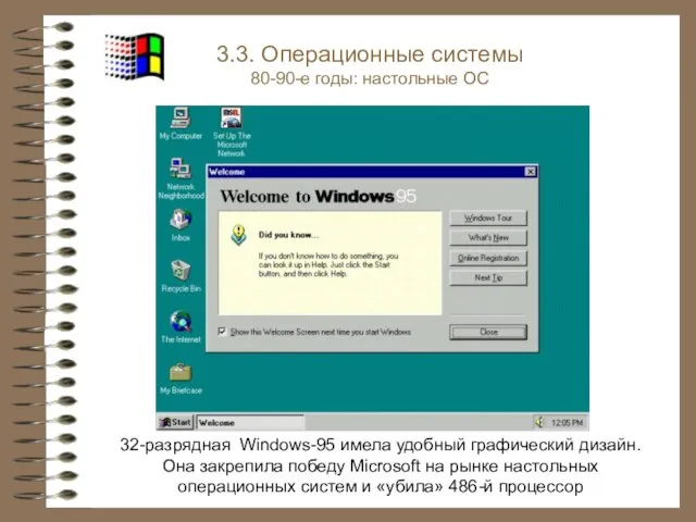 32-разрядная Windows-95 имела удобный графический дизайн. Она закрепила победу Microsoft на рынке