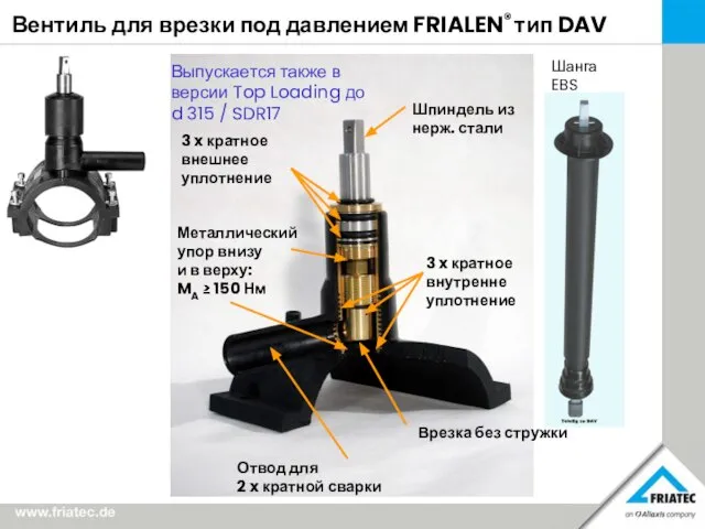 Вентиль для врезки под давлением FRIALEN® тип DAV Выпускается также в версии