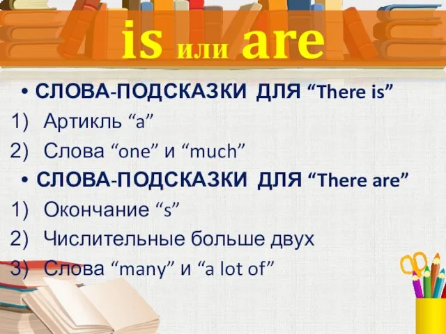 СЛОВА-ПОДСКАЗКИ ДЛЯ “There is” Артикль “a” Слова “one” и “much” СЛОВА-ПОДСКАЗКИ ДЛЯ