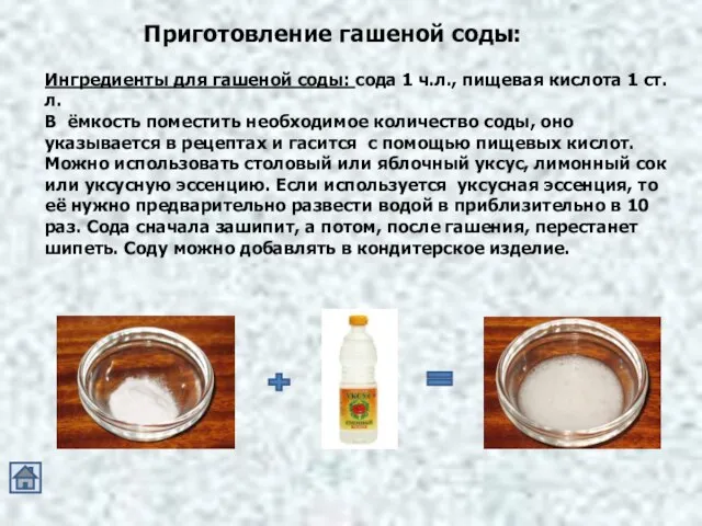 Приготовление гашеной соды: Ингредиенты для гашеной соды: сода 1 ч.л., пищевая кислота