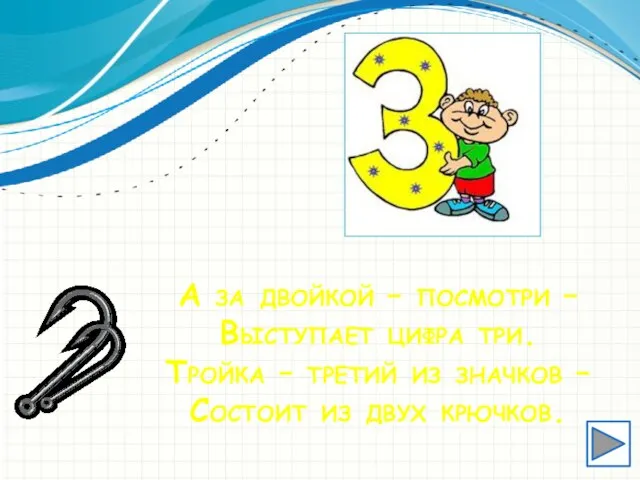 А за двойкой – посмотри – Выступает цифра три. Тройка – третий