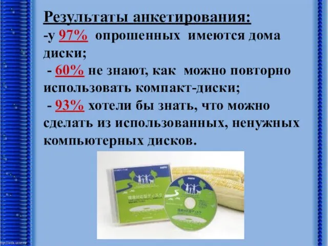 Использование компакт-дисков Результаты анкетирования: -у 97% опрошенных имеются дома диски; - 60%