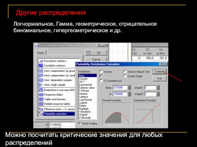 Другие распределения Логнормальное, Гамма, геометрическое, отрицательное биномиальное, гипергеометрическое и др. Можно посчитать