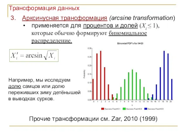 Арксинусная трансформация (arcsine transformation) применяется для процентов и долей (Xi ≤ 1),