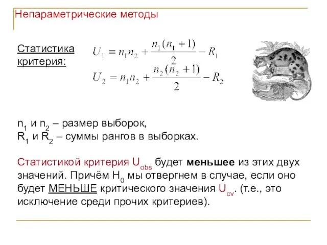 Статистика критерия: n1 и n2 – размер выборок, R1 и R2 –