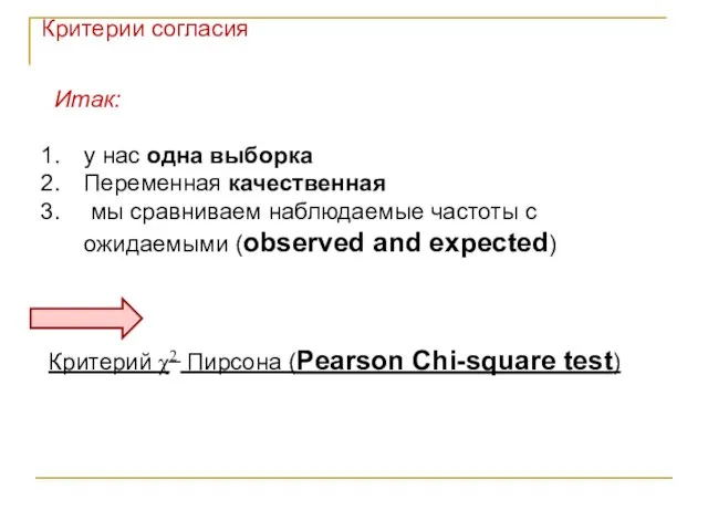 у нас одна выборка Переменная качественная мы сравниваем наблюдаемые частоты с ожидаемыми