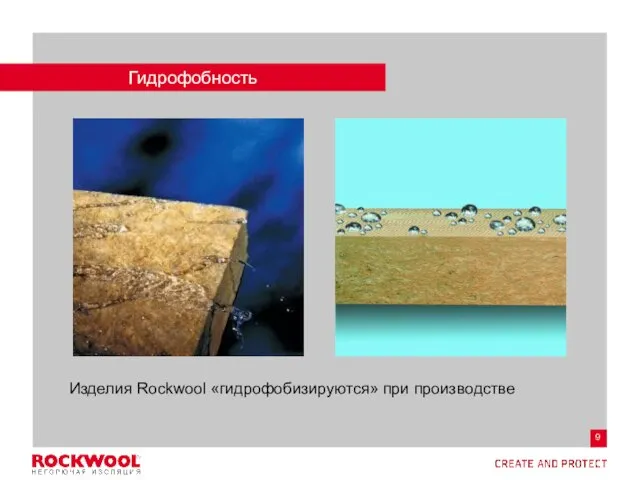 Гидрофобность Изделия Rockwool «гидрофобизируются» при производстве