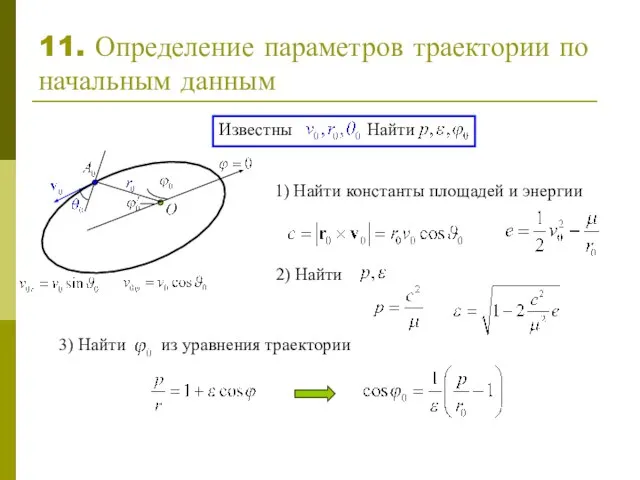 11. Определение параметров траектории по начальным данным Известны Найти 1) Найти константы