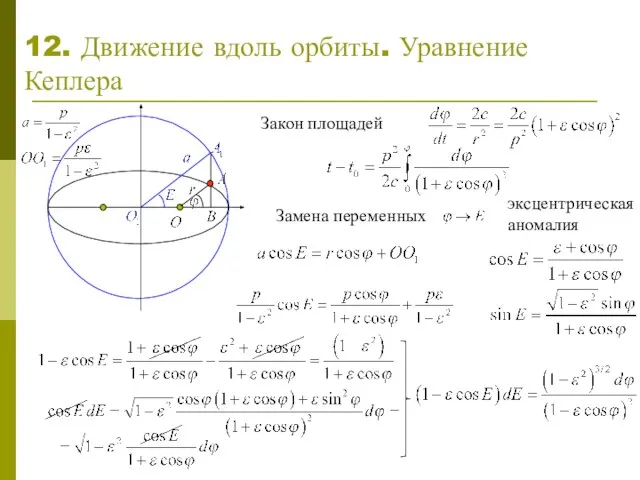 12. Движение вдоль орбиты. Уравнение Кеплера Закон площадей Замена переменных эксцентрическая аномалия