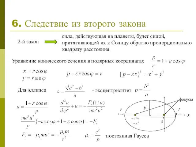 6. Следствие из второго закона постоянная Гаусса 2-й закон сила, действующая на