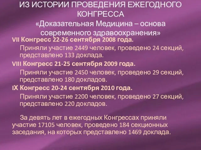 ИЗ ИСТОРИИ ПРОВЕДЕНИЯ ЕЖЕГОДНОГО КОНГРЕССА «Доказательная Медицина – основа современного здравоохранения» VII