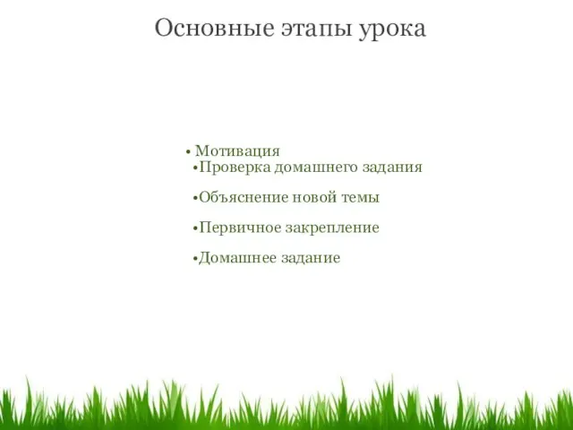 Основные этапы урока Мотивация Проверка домашнего задания Объяснение новой темы Первичное закрепление Домашнее задание