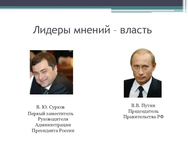 Лидеры мнений – власть В. Ю. Сурков Первый заместитель Руководителя Администрации Президента