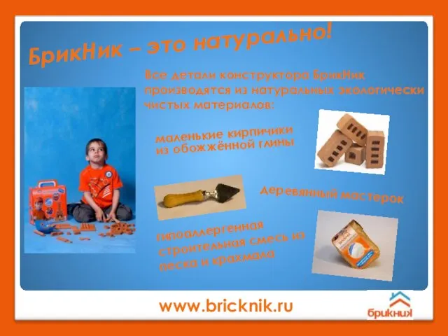 Все детали конструктора БрикНик производятся из натуральных экологически чистых материалов: БрикНик –