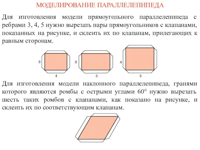 МОДЕЛИРОВАНИЕ ПАРАЛЛЕЛЕПИПЕДА Для изготовления модели прямоугольного параллелепипеда с ребрами 3, 4, 5