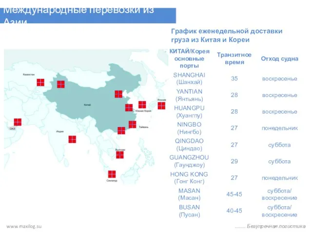 www.maxilog.su ........ Безупречная логистика Международные перевозки из Азии График еженедельной доставки груза из Китая и Кореи