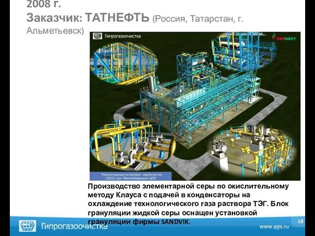 2008 г. Заказчик: ТАТНЕФТЬ (Россия, Татарстан, г. Альметьевск) Производство элементарной серы по