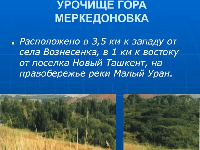 УРОЧИЩЕ ГОРА МЕРКЕДОНОВКА Расположено в 3,5 км к западу от села Вознесенка,