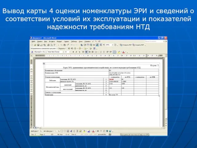 Вывод карты 4 оценки номенклатуры ЭРИ и сведений о соответствии условий их