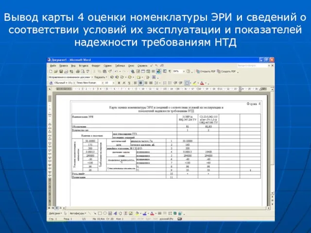 Вывод карты 4 оценки номенклатуры ЭРИ и сведений о соответствии условий их