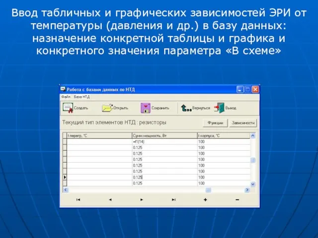 Ввод табличных и графических зависимостей ЭРИ от температуры (давления и др.) в