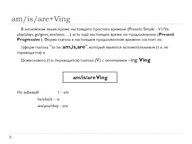 am/is/are+Ving В английском языке кроме настоящего простого времени (Present Simple – V1/Vs: