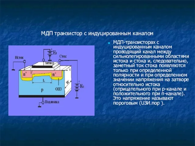 МДП транзистор с индуцированным каналом МДП-транзисторах с индуцированным каналом проводящий канал между