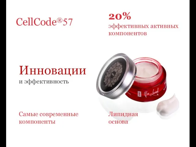 CellСode®57 20% эффективных активных компонентов Липидная основа Самые современные компоненты Инновации и эффективность