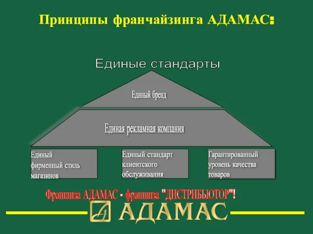 Принципы франчайзинга АДАМАС: Единый бренд Единая рекламная компания Единый фирменный стиль магазинов