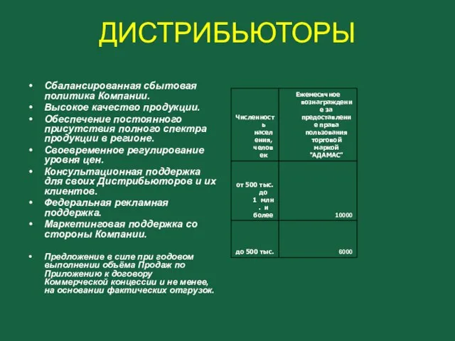 ДИСТРИБЬЮТОРЫ Сбалансированная сбытовая политика Компании. Высокое качество продукции. Обеспечение постоянного присутствия полного