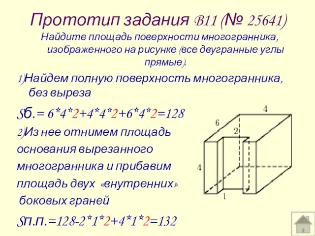 Прототип задания B11 (№ 25641) Найдите площадь поверхности многогранника, изображенного на рисунке