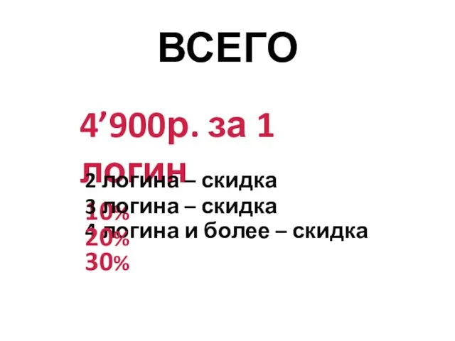 ВСЕГО 4’900р. за 1 логин 2 логина – скидка 10% 4 логина