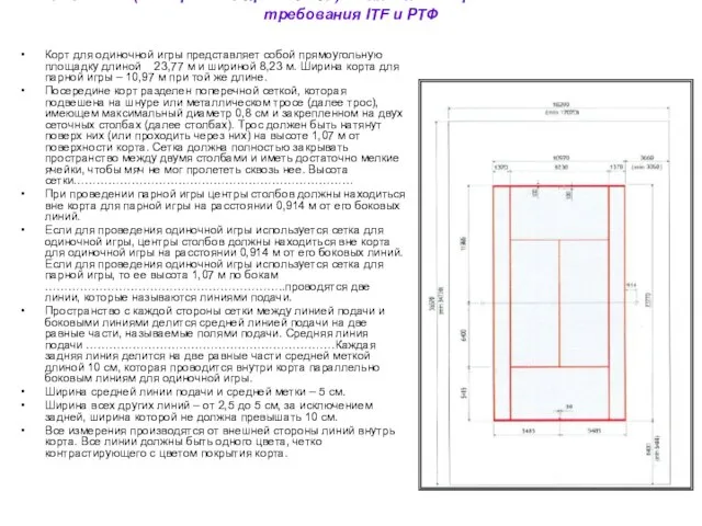 Разметка (выдержка из правил ФТР) теннисного корта в соответствии с требования ITF
